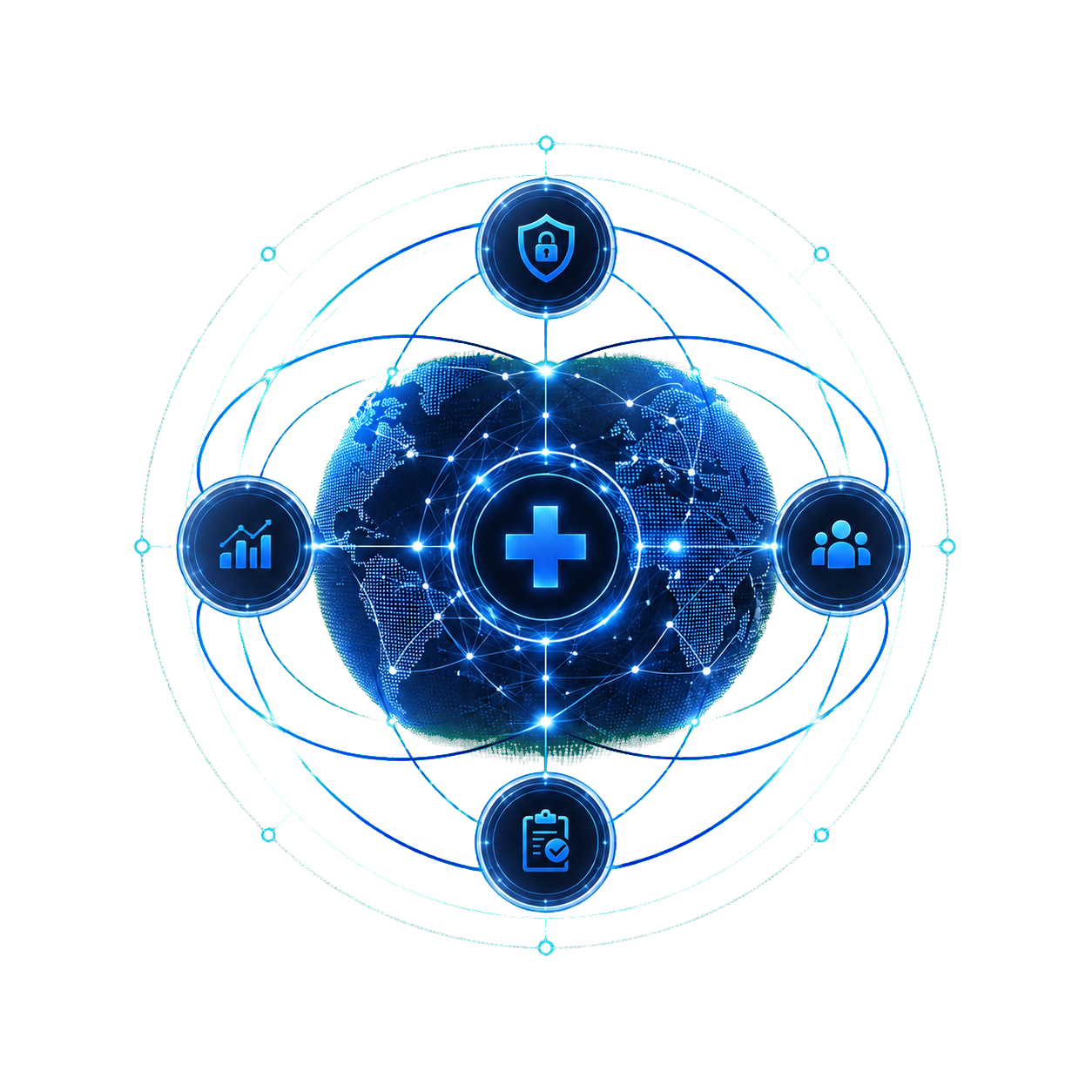 Connected global medical network with healthcare, governance, analytics and community symbols
